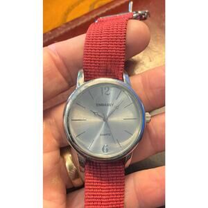 Unisex 38mm Silver Tone Embassy Watch with Red Canvas Band